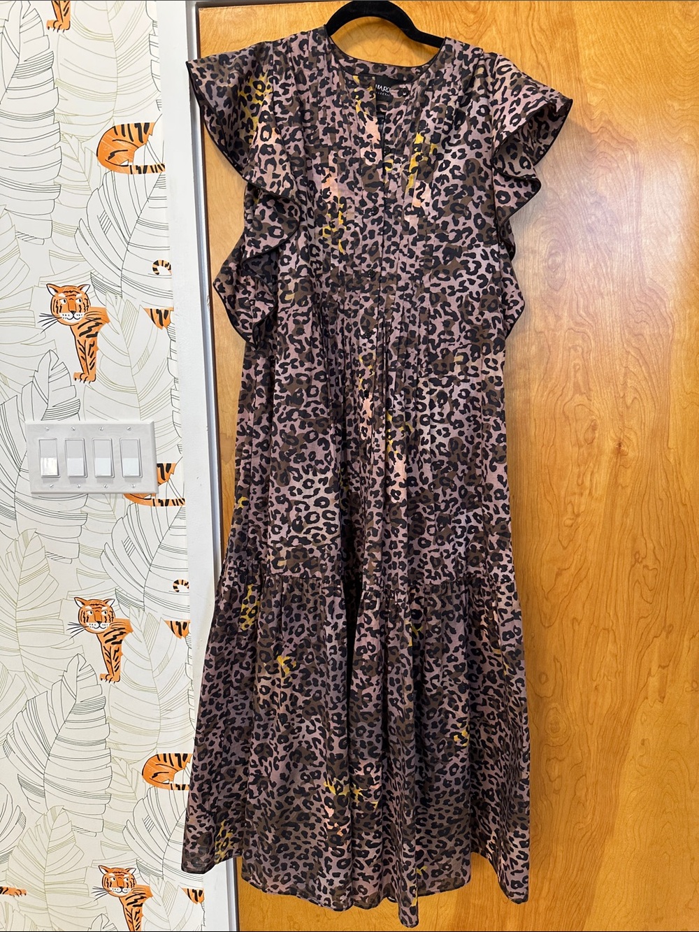 Cynthia Rowley Maxi Leopard Print Ruffle Dress Front button closure